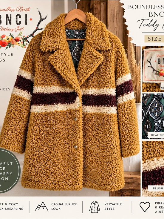 Boundless North Jackets & Blazers - Boundless North BNCI Teddy Coat Mustard Burgundy Faux Shearling Boho Size M